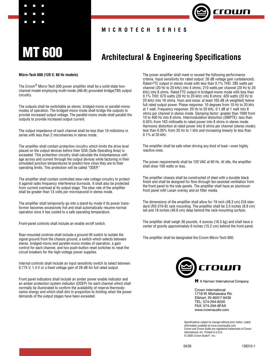 Crown Audio MT 600 User Manual | 1 page