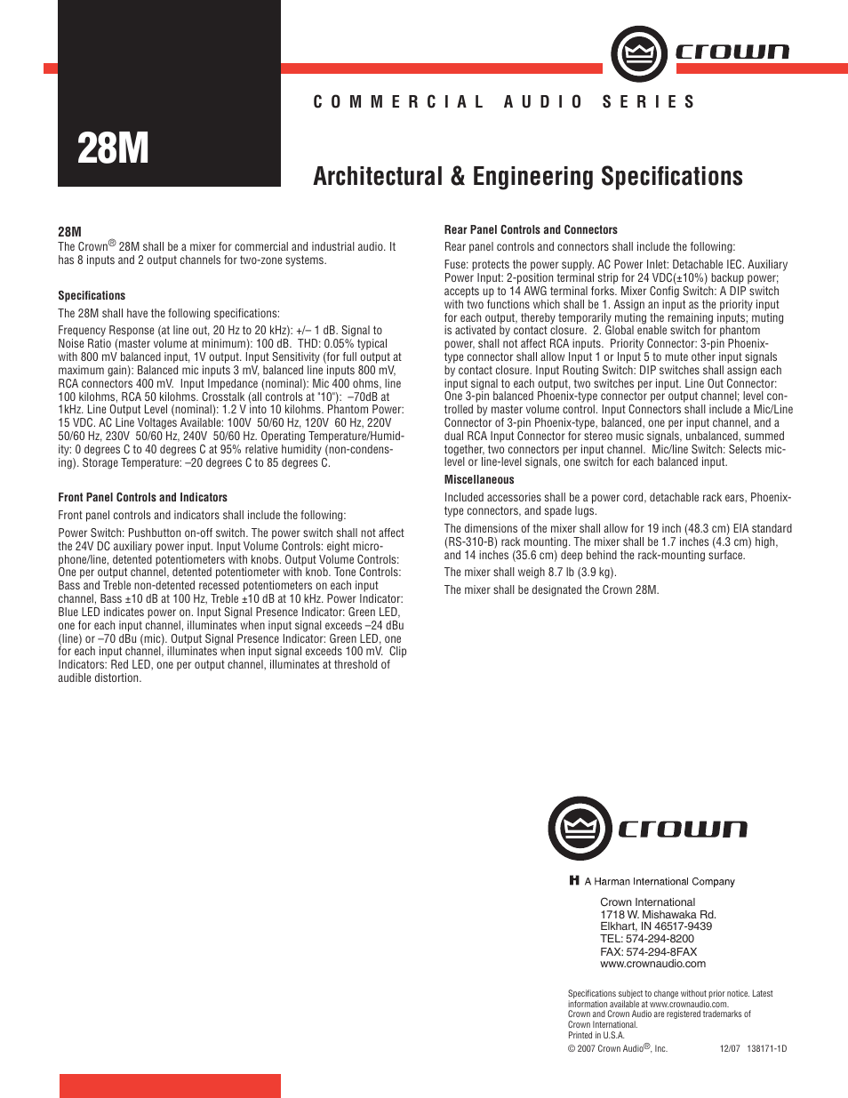 Crown Audio 28M User Manual | 1 page