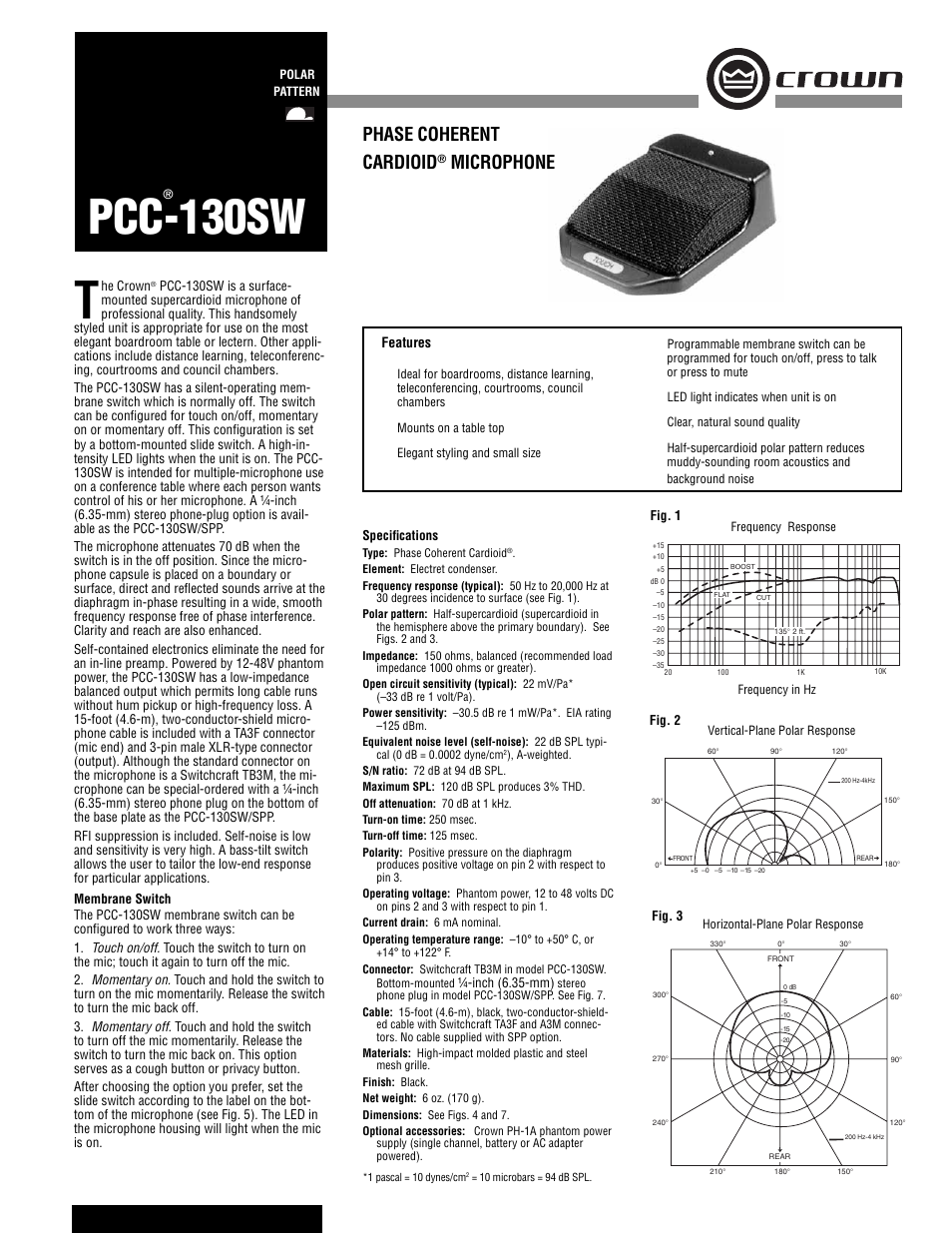 Crown Audio PCC-130SW User Manual | 2 pages