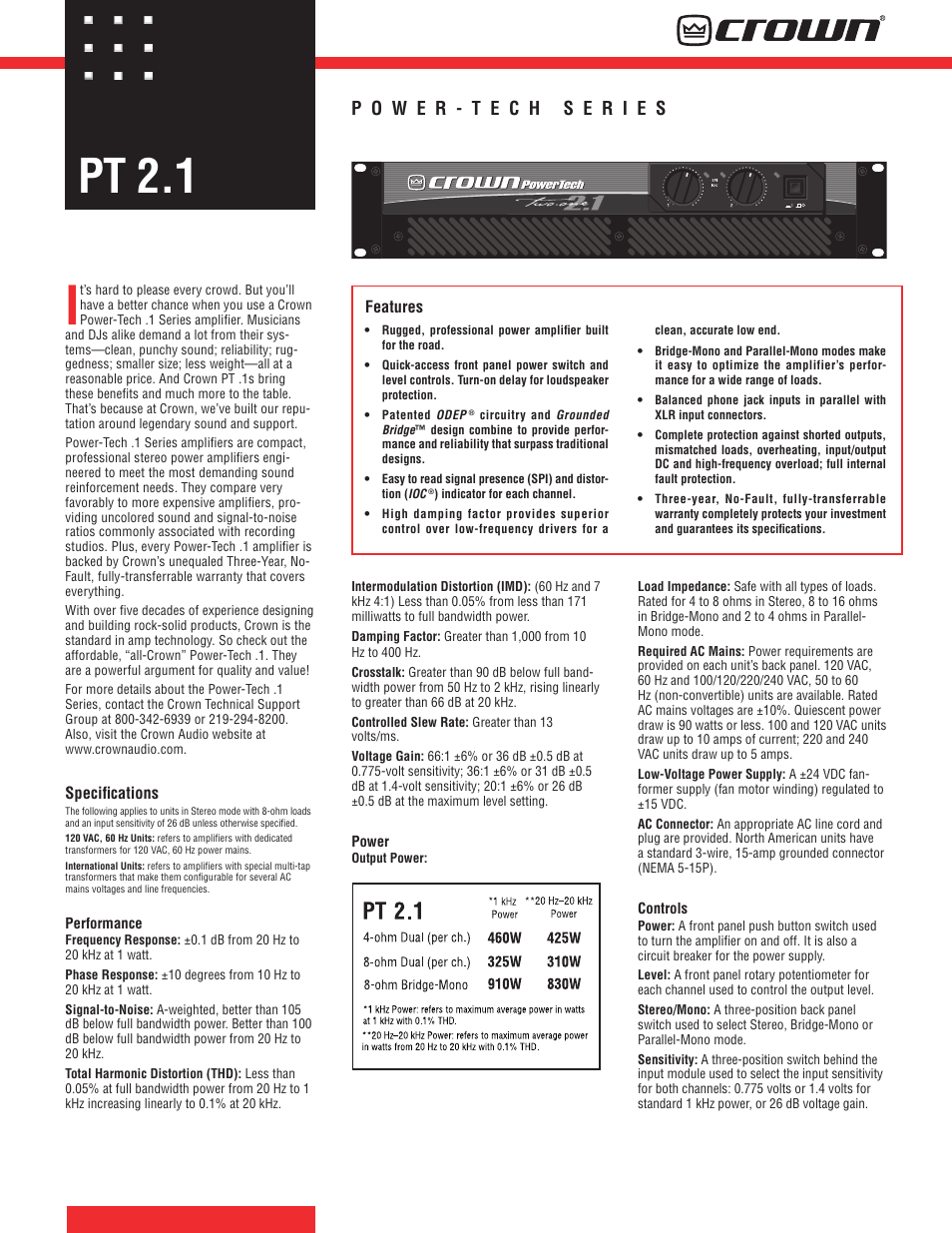 Crown Audio PT 2.1 User Manual | 2 pages