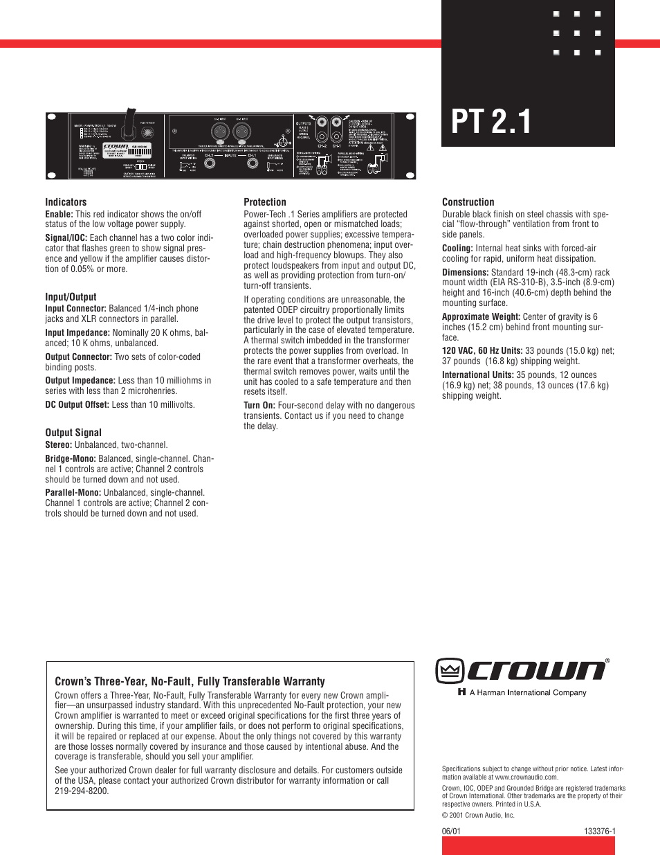 Pt 2.1 | Crown Audio PT 2.1 User Manual | Page 2 / 2