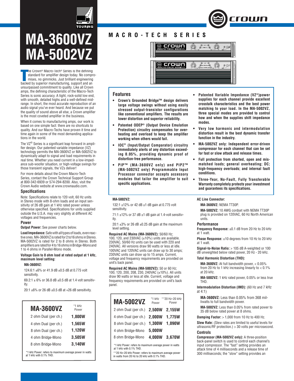 Crown Audio MA-5002VZ User Manual | 2 pages