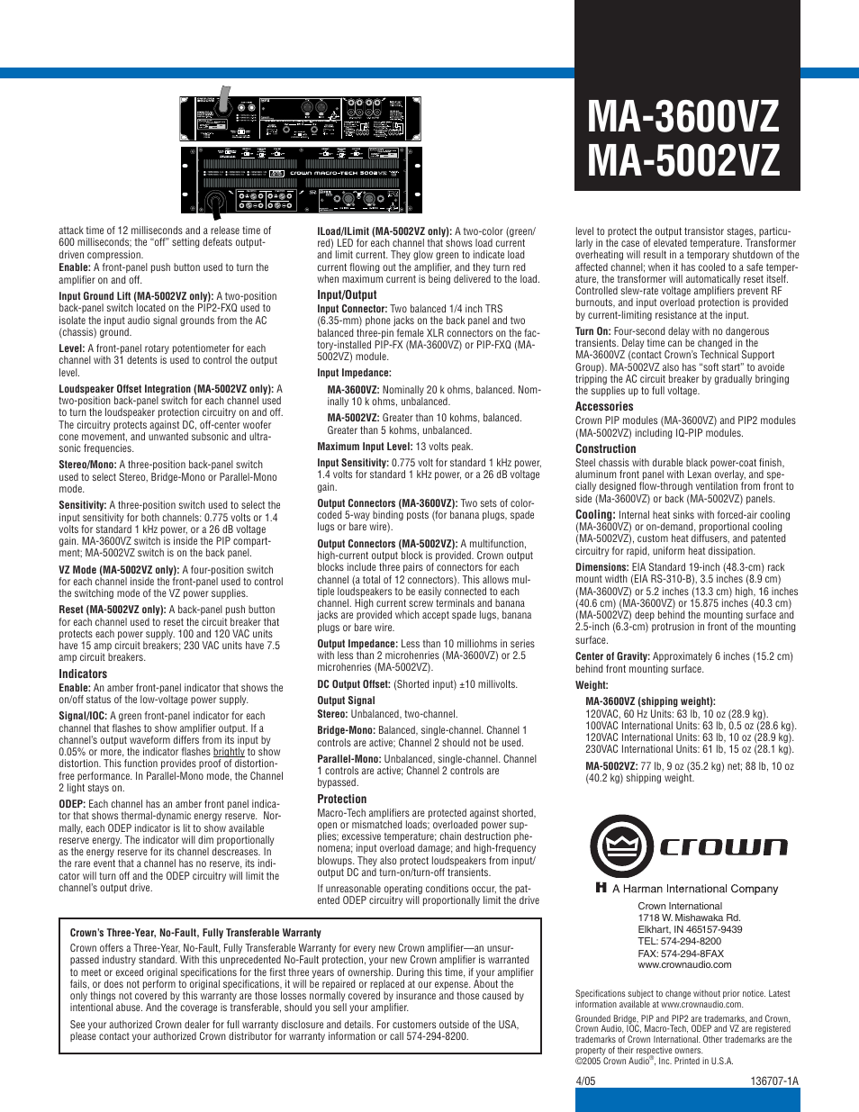 Crown Audio MA-5002VZ User Manual | Page 2 / 2