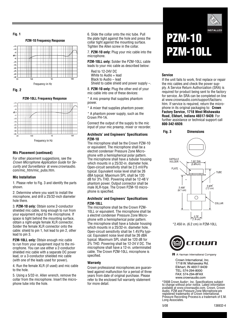 Pzm-10, Pzm-10 pzm-10ll | Crown Audio Polar Pattern PZM-10 User Manual | Page 2 / 2