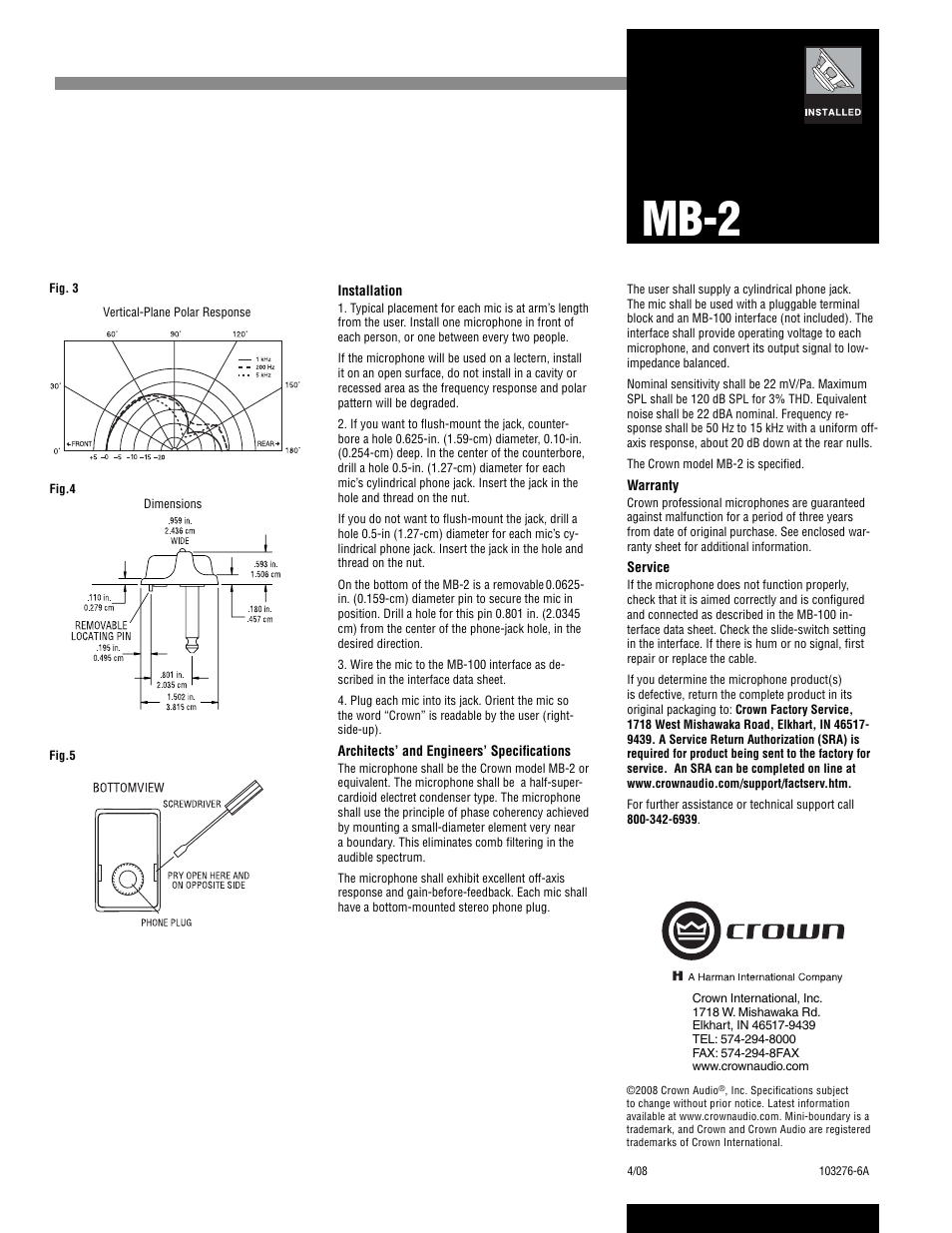 Mb-2 | Crown Audio MB-2 User Manual | Page 2 / 2