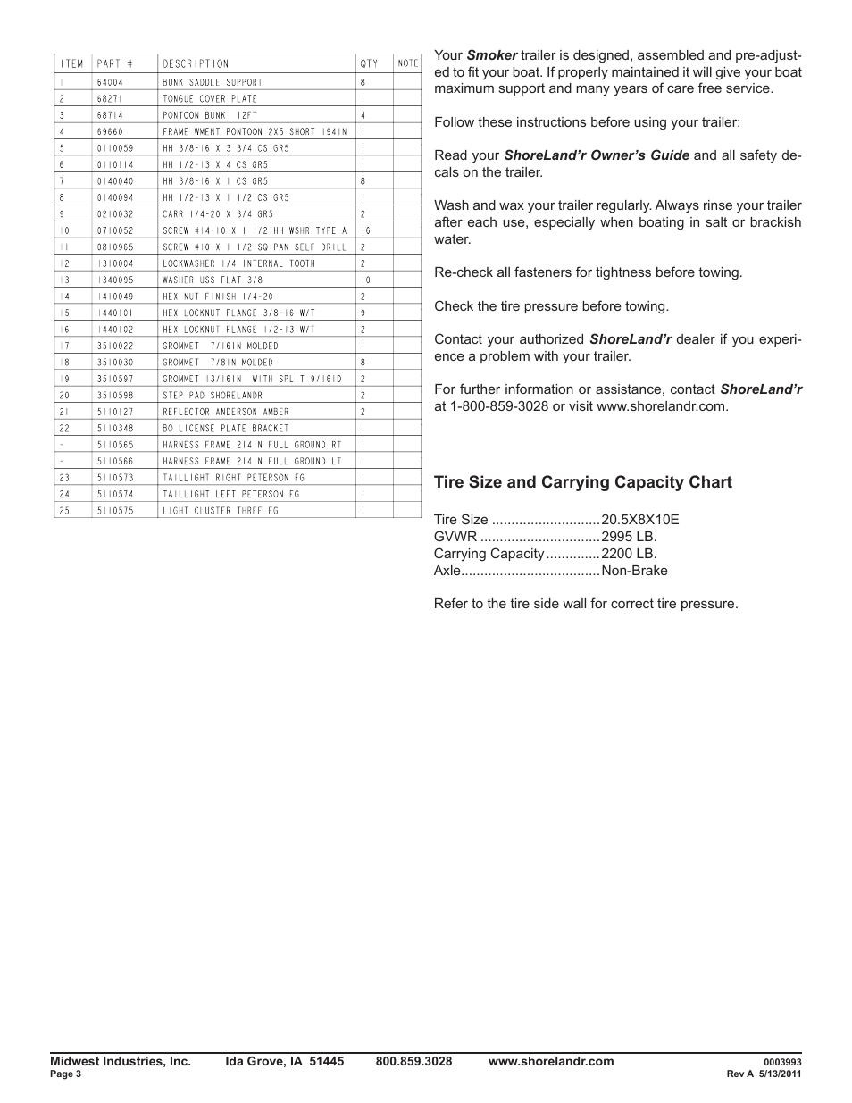 Tire size and carrying capacity chart | ShoreLand'r SMPT1922 User Manual | Page 3 / 8