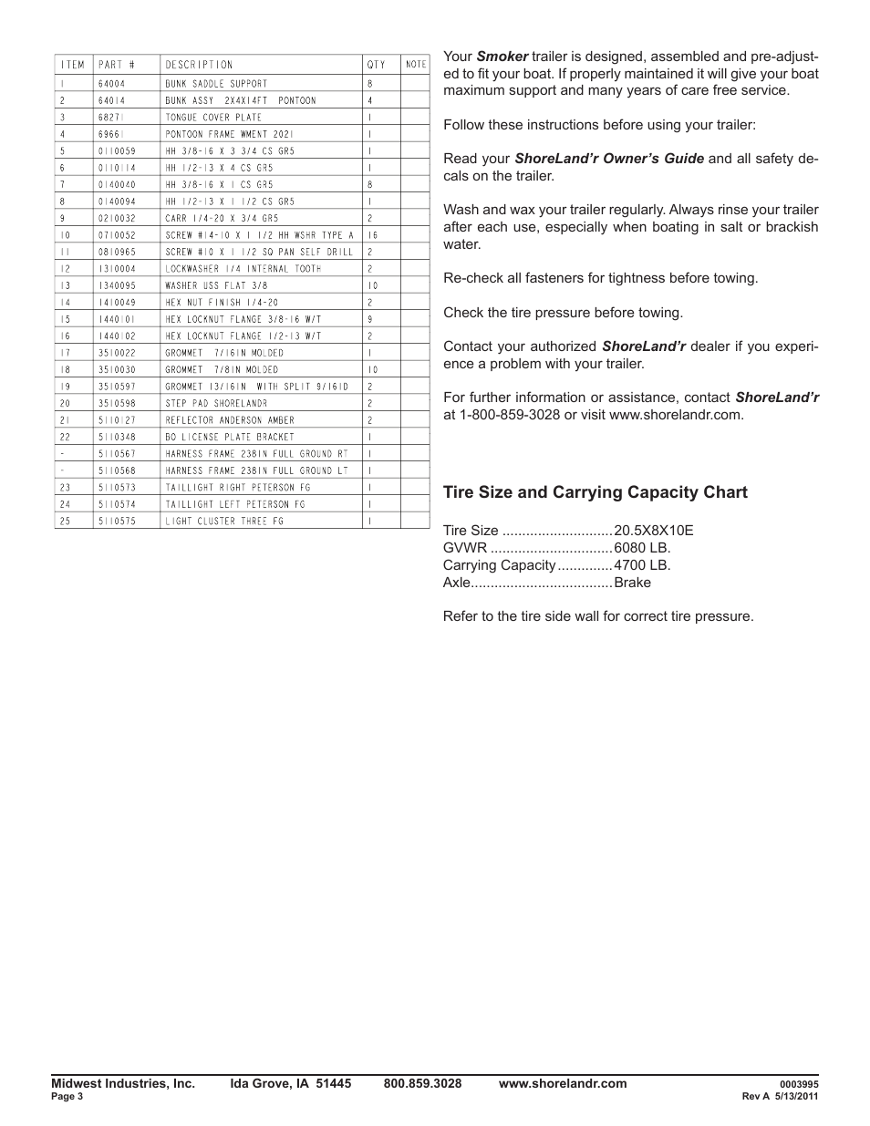 Tire size and carrying capacity chart | ShoreLand'r SMPT2147TB User Manual | Page 3 / 9