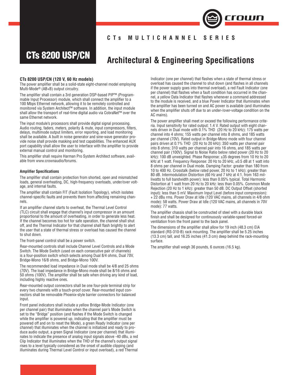 Crown Audio CTs 8200 USP/CN User Manual | 2 pages