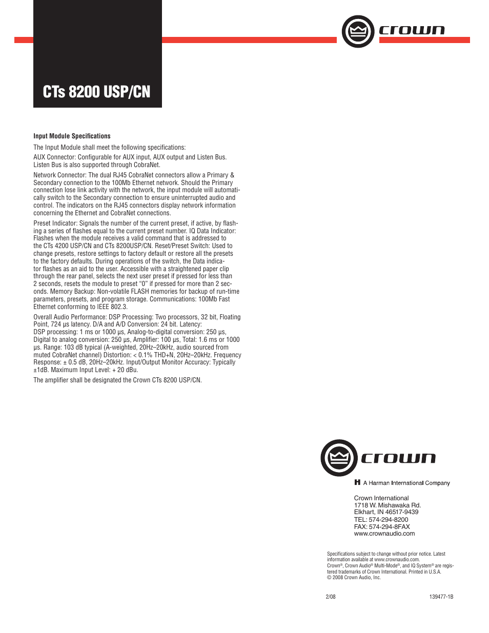 Cts 8200 usp/cn | Crown Audio CTs 8200 USP/CN User Manual | Page 2 / 2