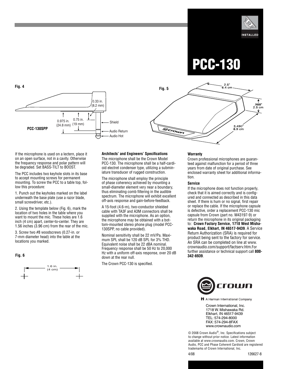 Pcc-130 | Crown Audio PCC-130 User Manual | Page 2 / 2