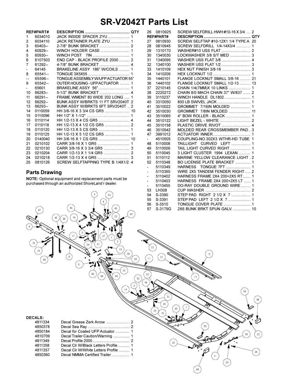 Sr-v2042t parts list, Parts drawing | ShoreLand'r SRV2042T User Manual | Page 2 / 4