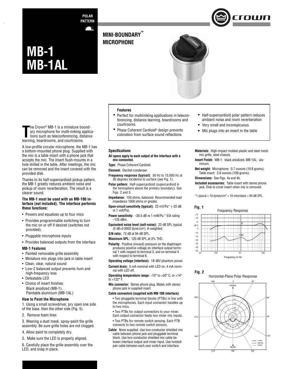 Crown Audio Mini-Boundary MB-1AL User Manual | 2 pages