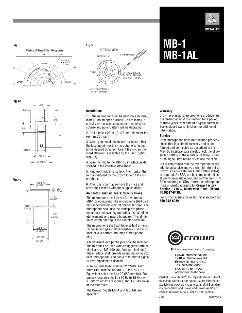 Mb-1 mb-1al | Crown Audio Mini-Boundary MB-1AL User Manual | Page 2 / 2