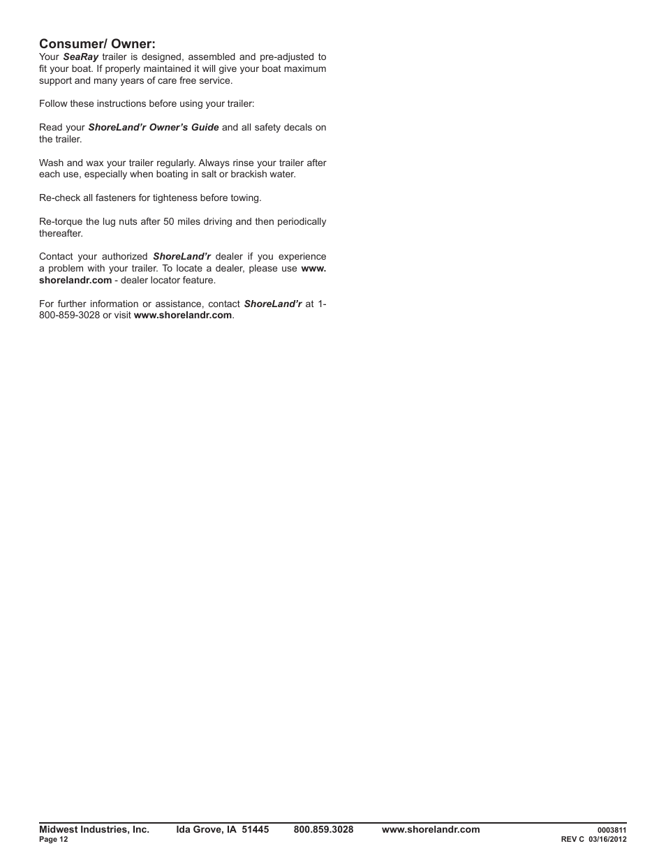 Consumer/ owner | ShoreLand'r SRV50TB V.1 User Manual | Page 12 / 12