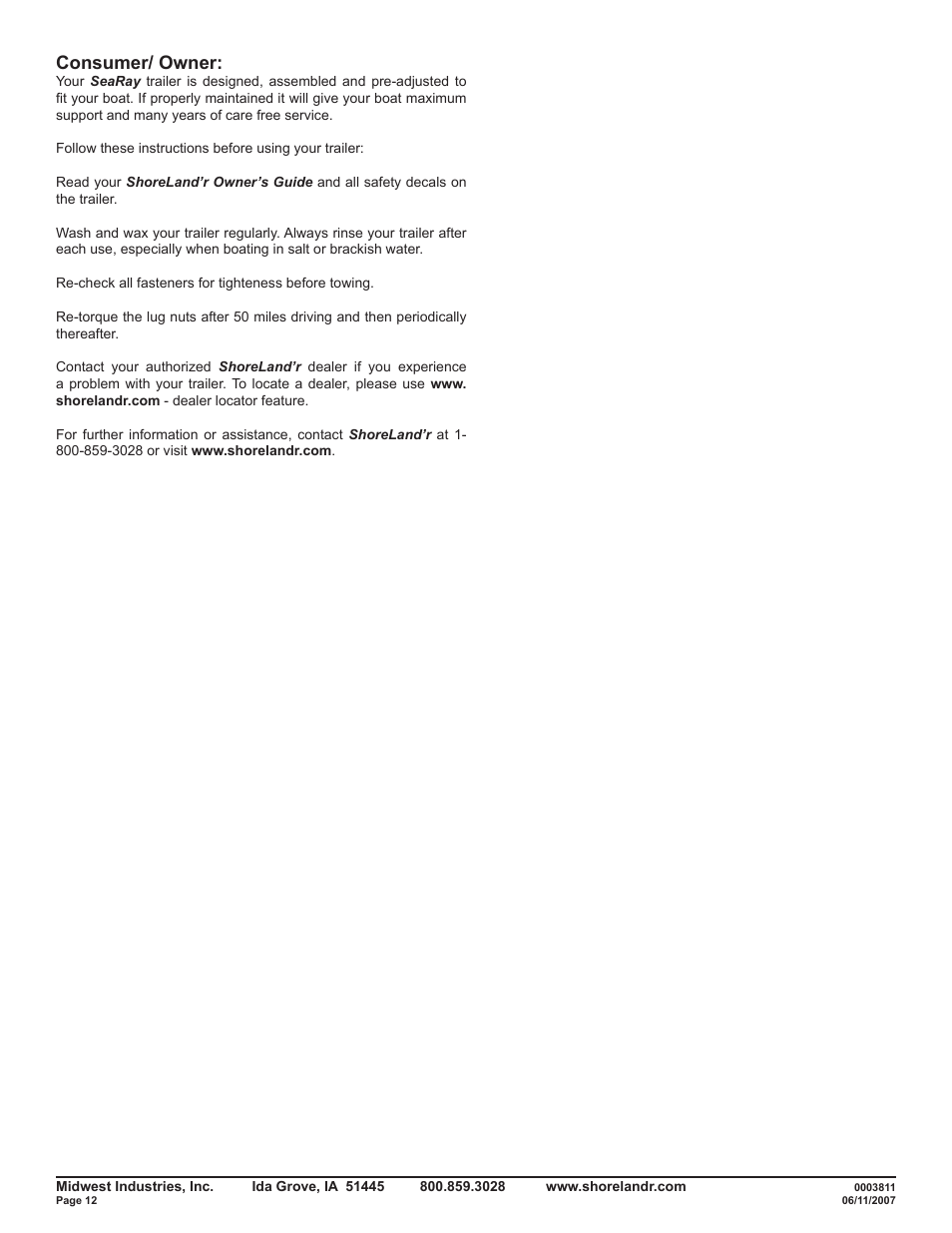 Consumer/ owner | ShoreLand'r SRV50TB V.2 User Manual | Page 12 / 12