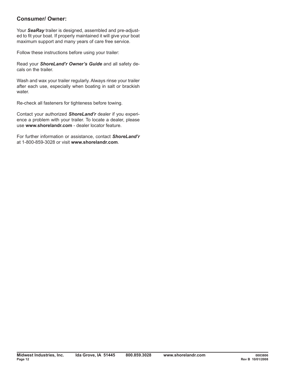 Consumer/ owner | ShoreLand'r SRV50TBA V.2 User Manual | Page 12 / 12