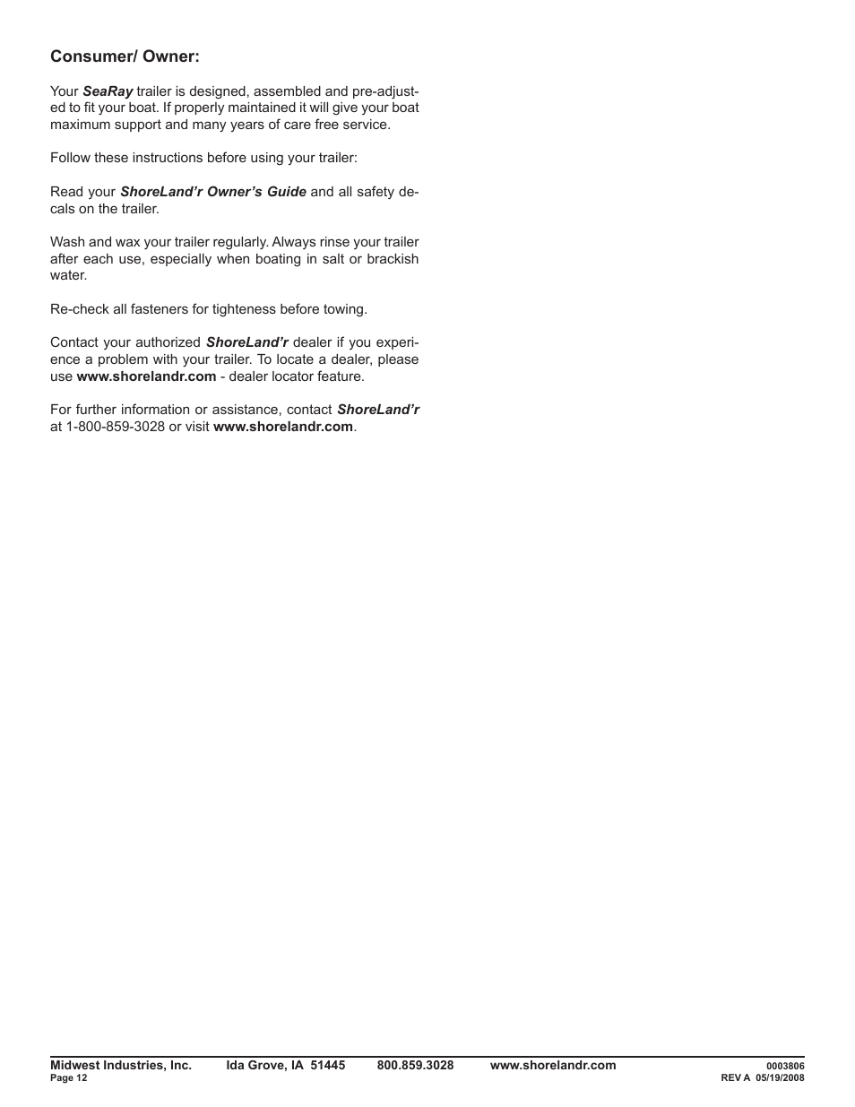 Consumer/ owner | ShoreLand'r SRV50TBA V.3 User Manual | Page 12 / 12