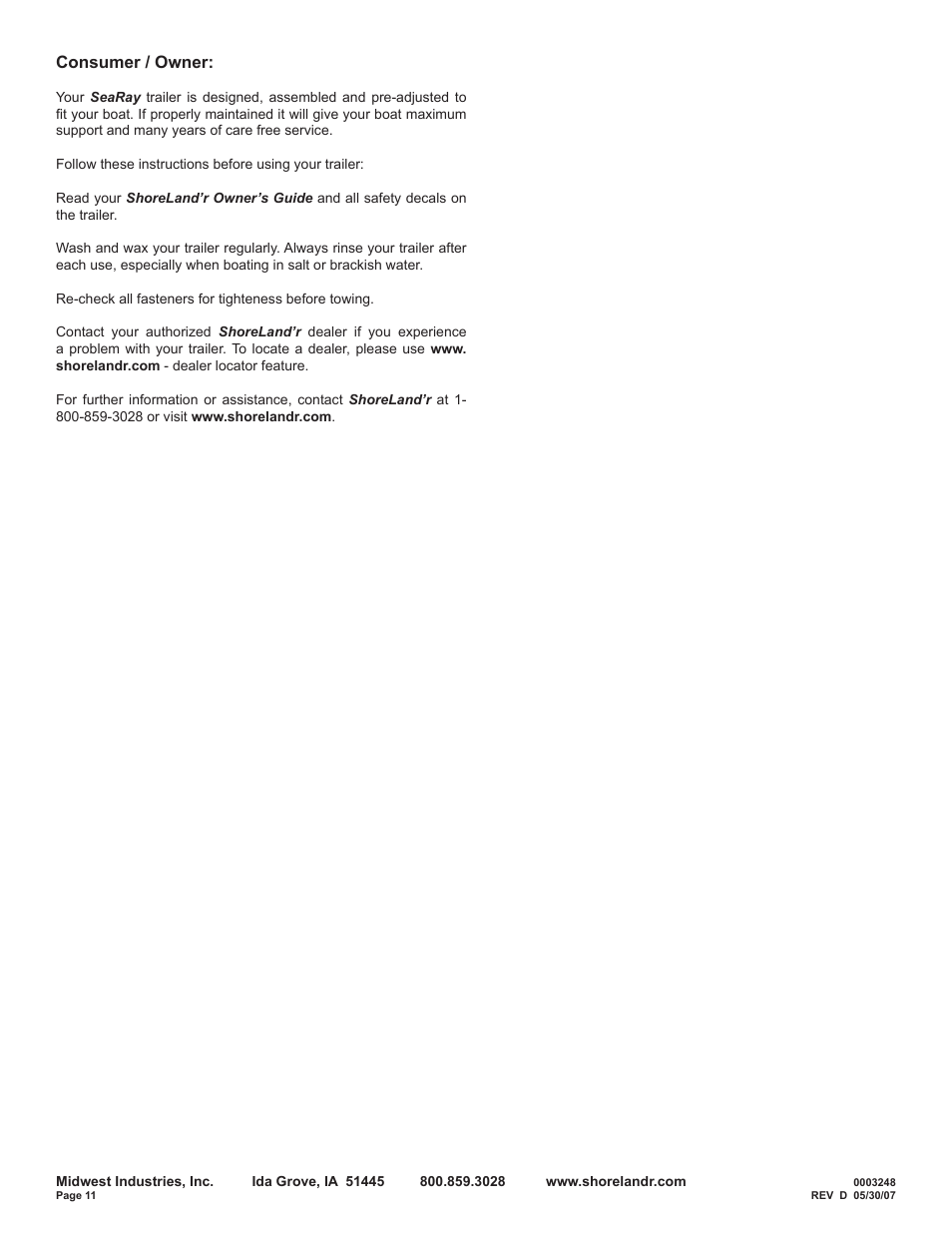 Consumer / owner | ShoreLand'r SRV55TBBA User Manual | Page 11 / 12