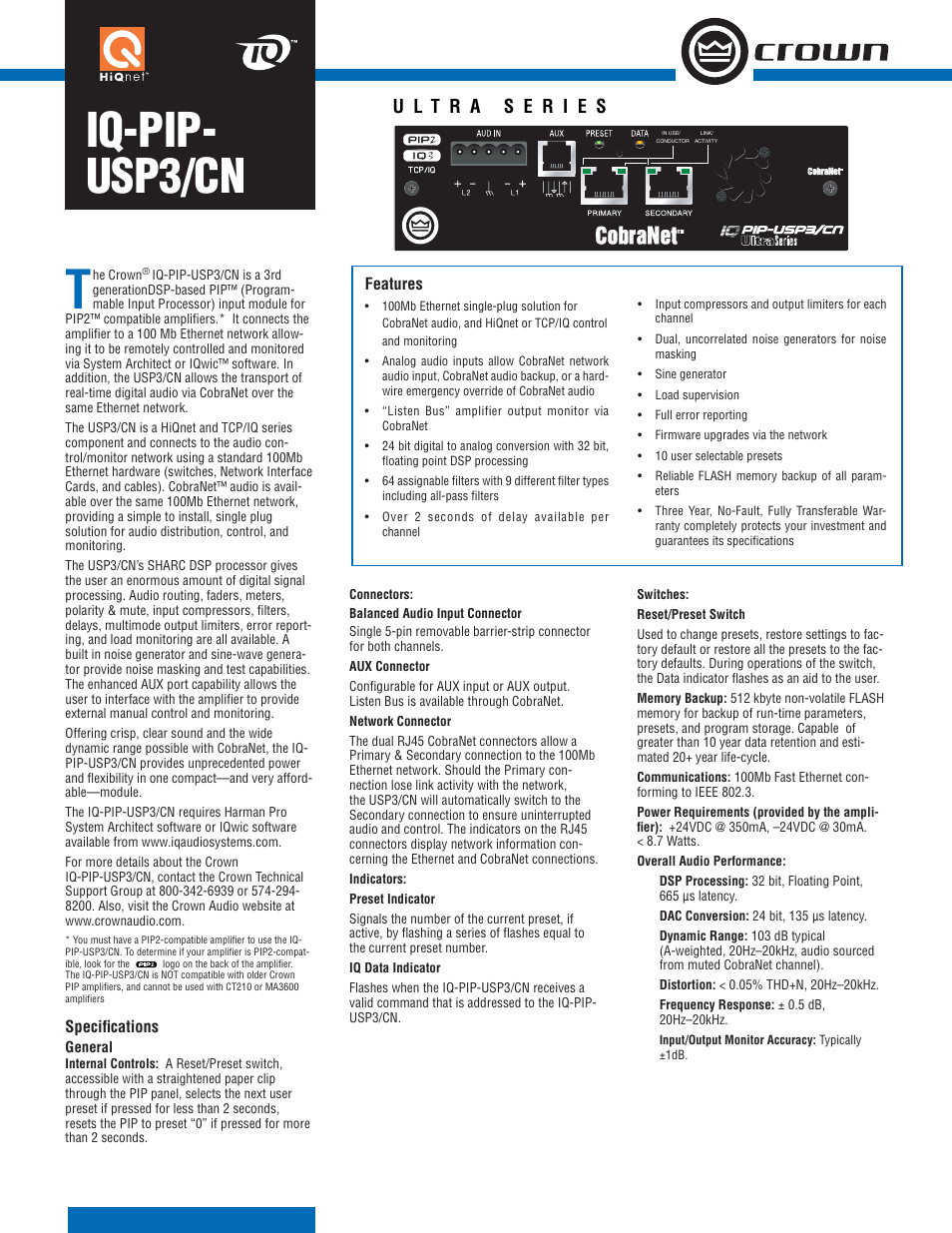 Crown Audio IQ-PIP USP3/CN User Manual | 2 pages
