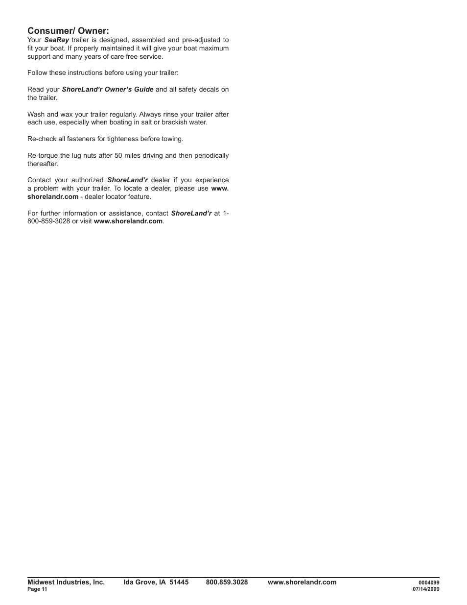 Consumer/ owner | ShoreLand'r SRV50TCB User Manual | Page 11 / 11