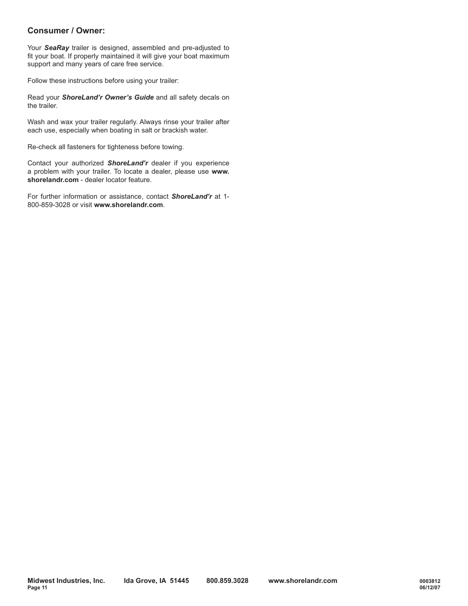 Consumer / owner | ShoreLand'r SRV55TBB User Manual | Page 11 / 12