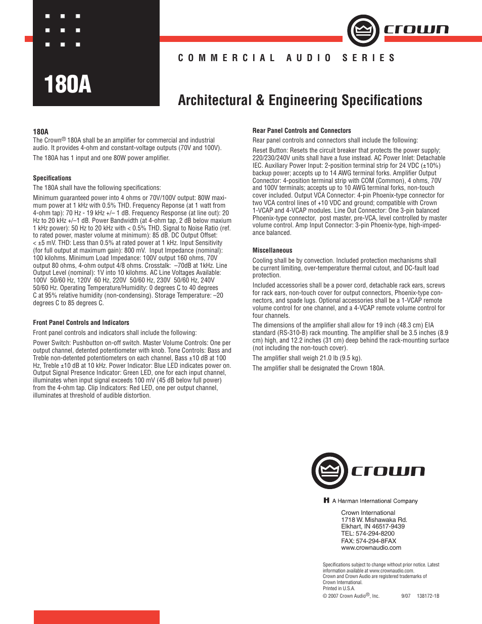 Crown Audio 180A User Manual | 1 page