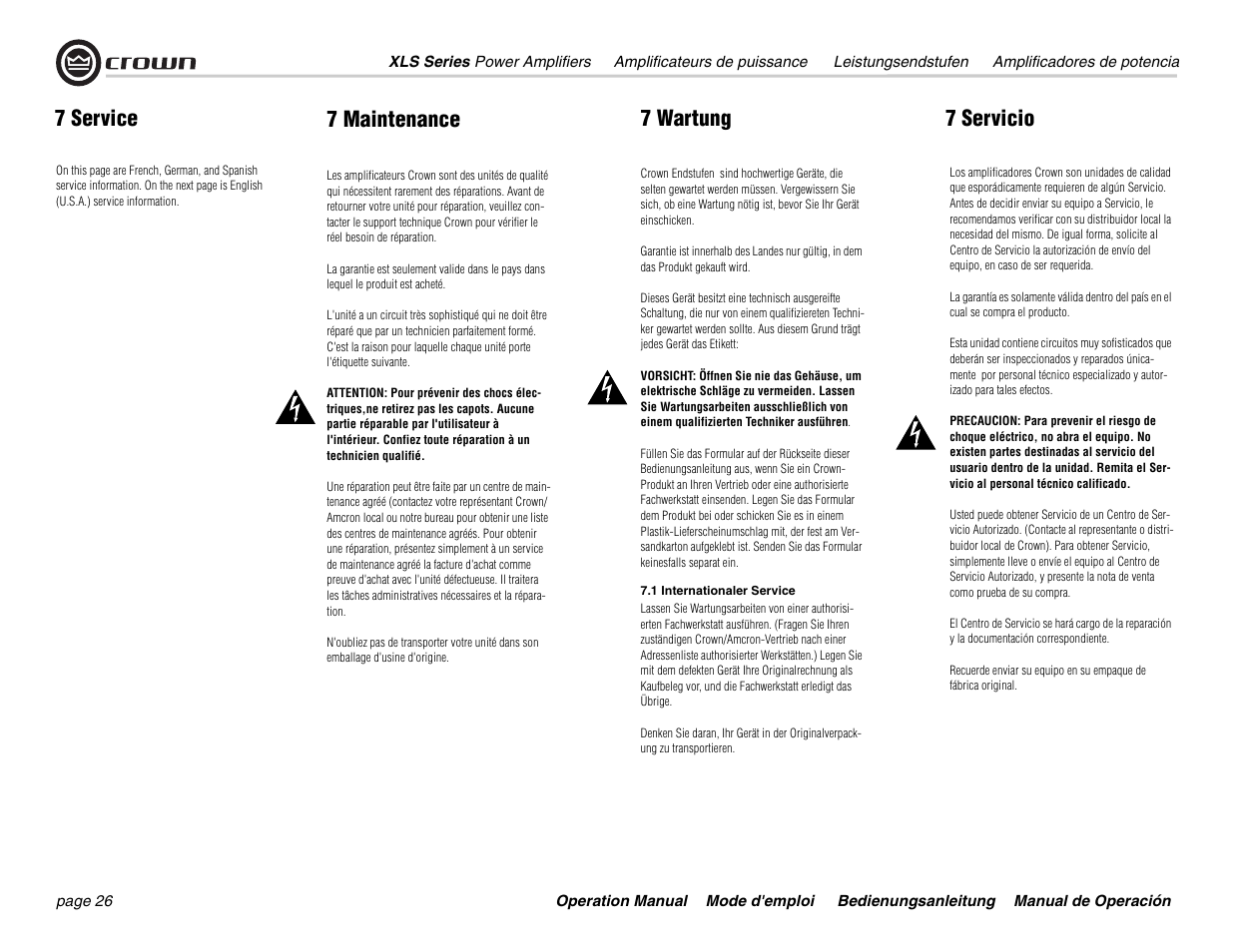 7 service, 7 maintenance 7 wartung 7 servicio | Crown Audio XLS 5000 User Manual | Page 26 / 40