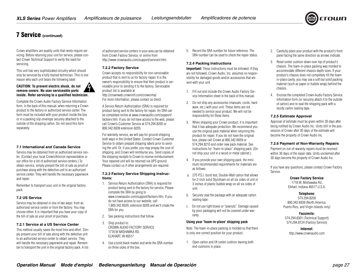 7 service | Crown Audio XLS 5000 User Manual | Page 27 / 40