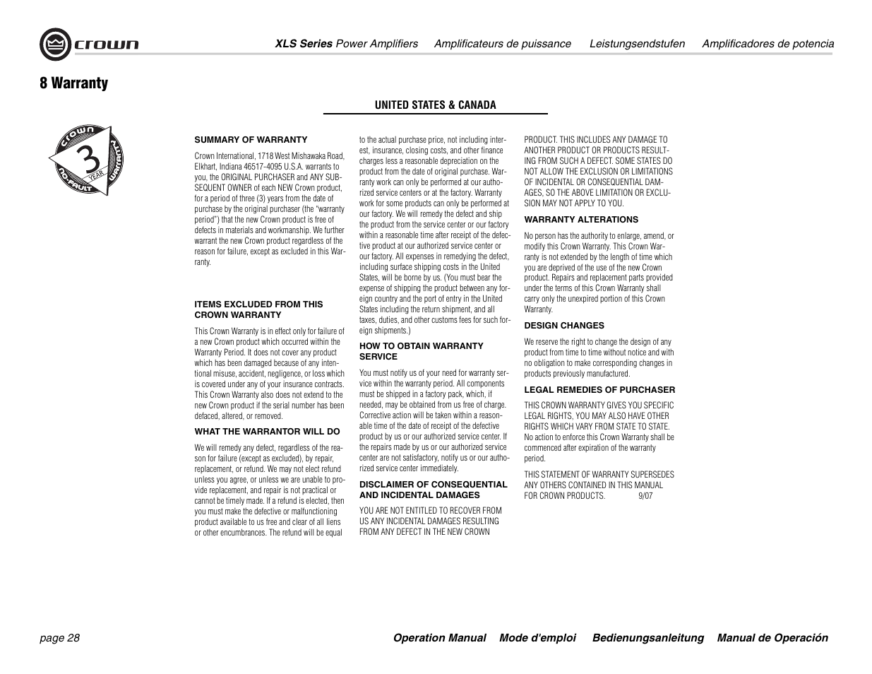 8 warranty | Crown Audio XLS 5000 User Manual | Page 28 / 40