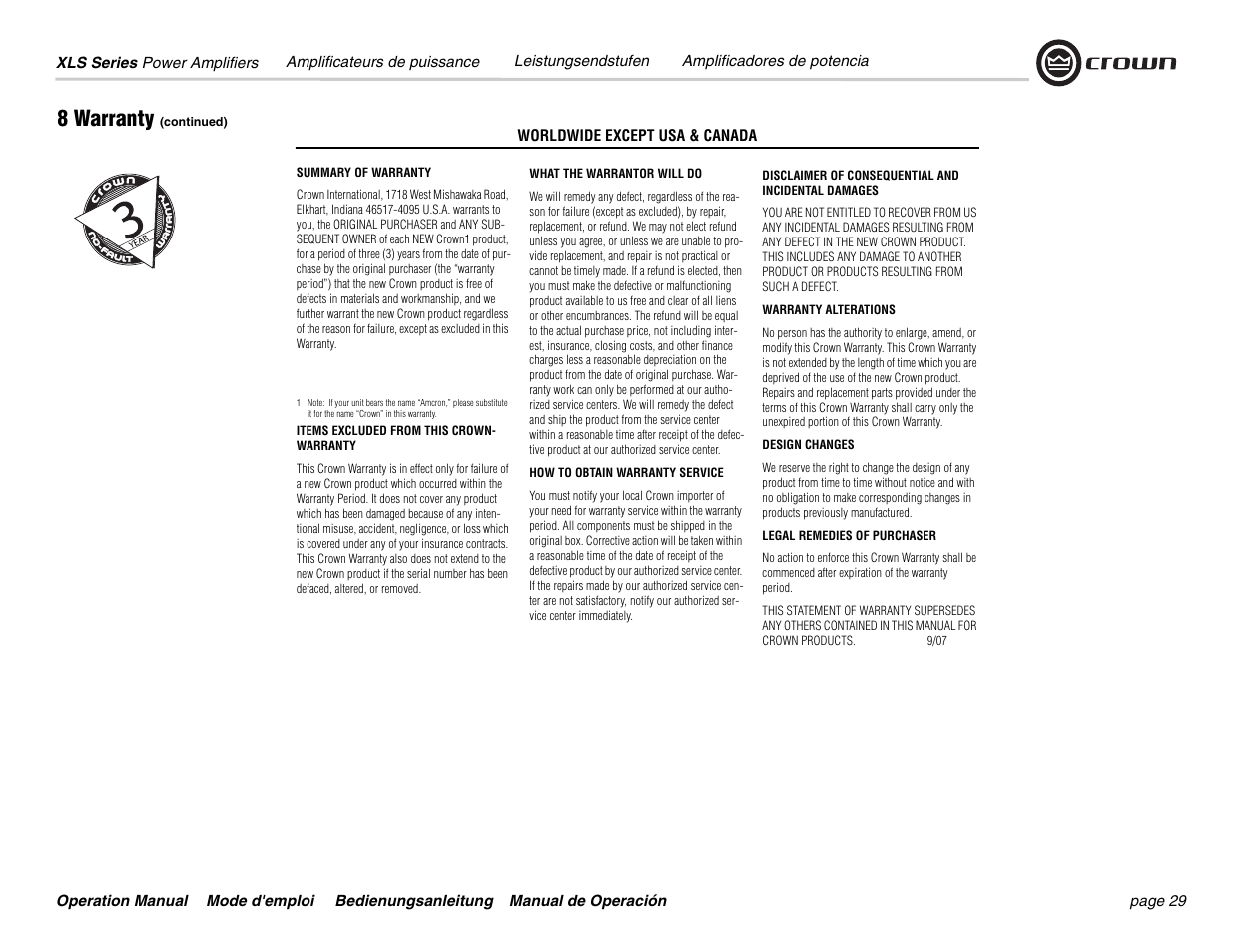 8 warranty | Crown Audio XLS 5000 User Manual | Page 29 / 40