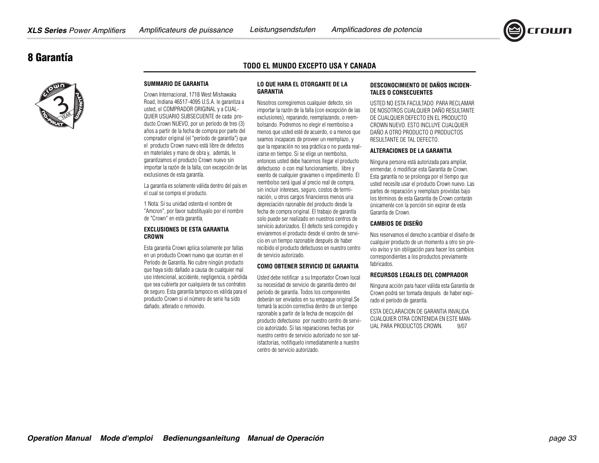 8 garantía | Crown Audio XLS 5000 User Manual | Page 33 / 40