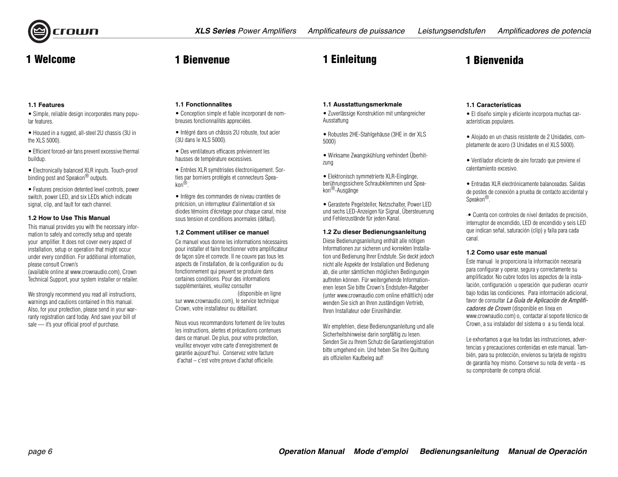 1 welcome 1 bienvenue 1 einleitung 1 bienvenida | Crown Audio XLS 5000 User Manual | Page 6 / 40