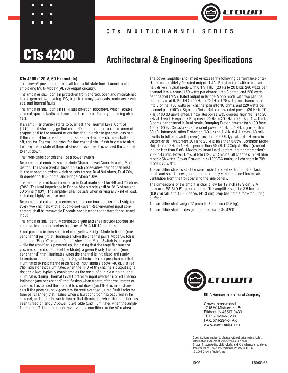 Crown Audio CTs 4200 User Manual | 1 page