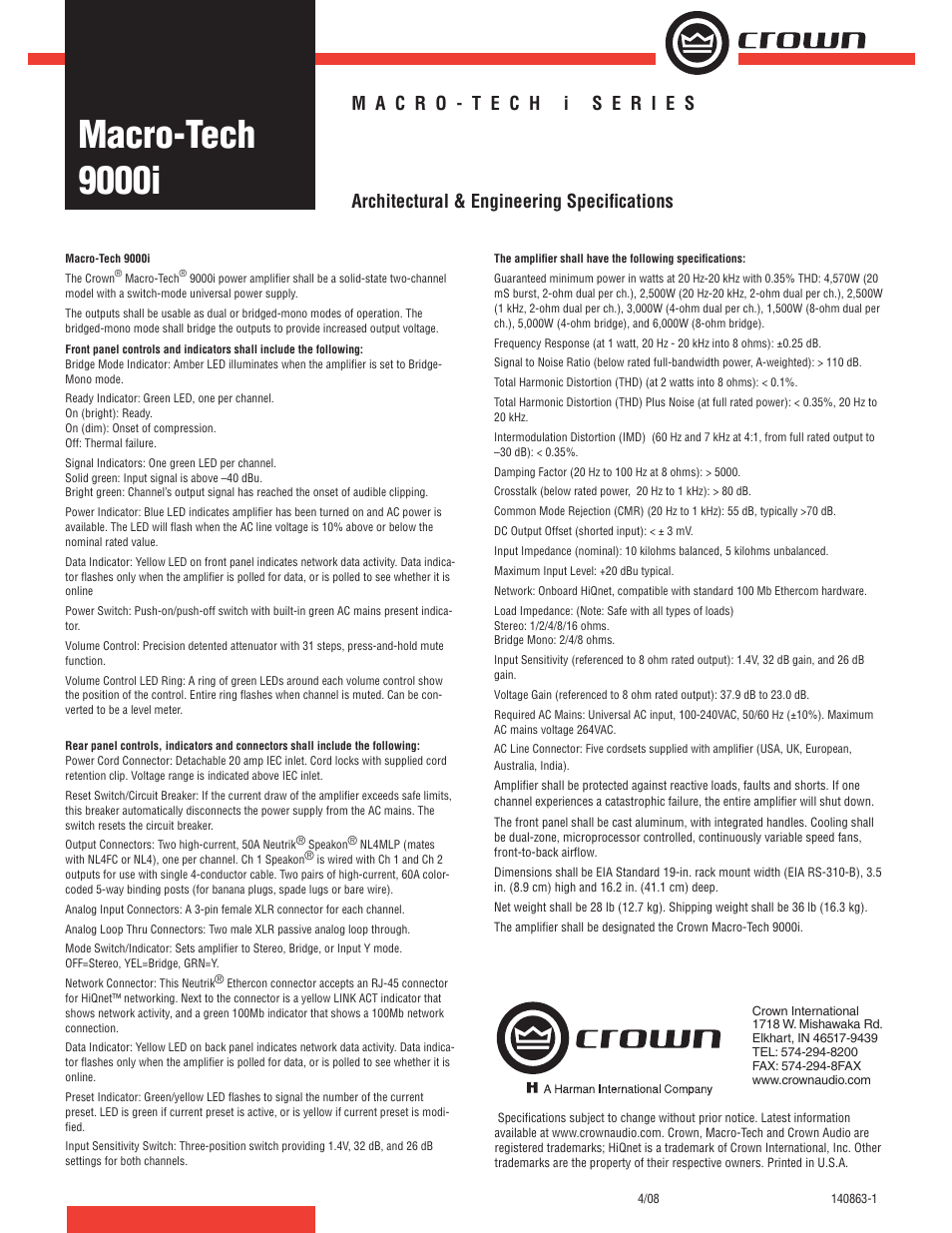 Crown Audio 9000i User Manual | 1 page