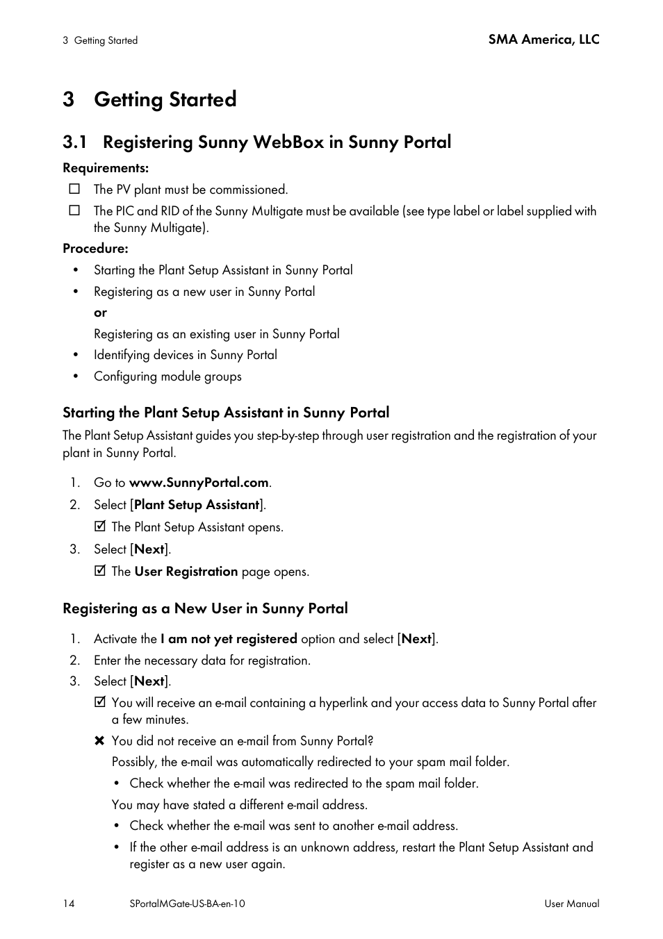 3 getting started, 1 registering sunny webbox in sunny portal | SMA SB 240-US-10 User Manual | Page 14 / 75