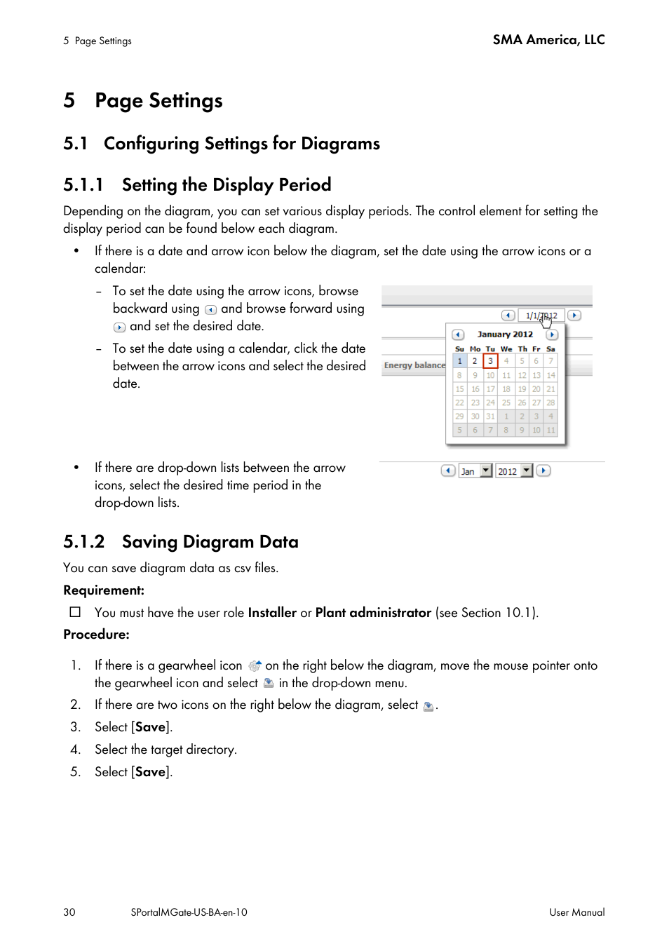 1 configuring settings for diagrams, 1 setting the display period, 2 saving diagram data | 5 page settings | SMA SB 240-US-10 User Manual | Page 30 / 75