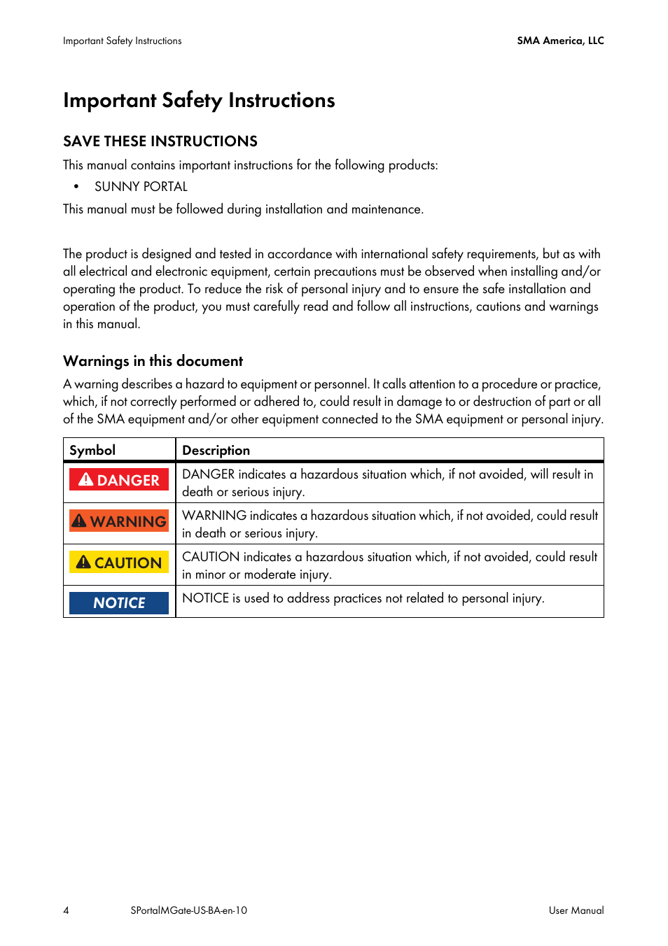 Important safety instructions | SMA SB 240-US-10 User Manual | Page 4 / 75