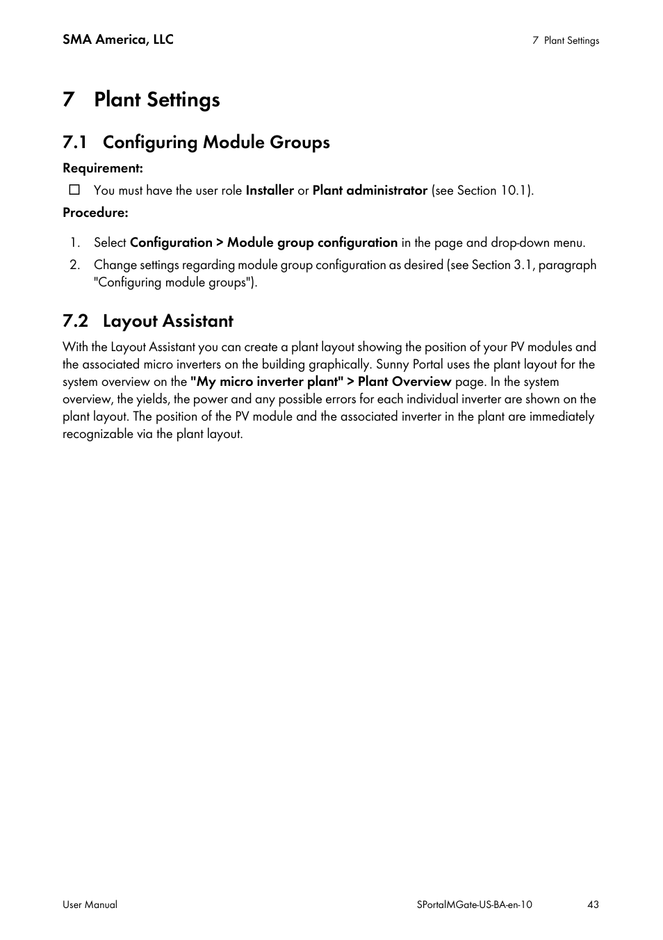 7 plant settings, 1 configuring module groups, 2 layout assistant | 1 configuring module groups 7.2 layout assistant, Ee section 7.2 | SMA SB 240-US-10 User Manual | Page 43 / 75