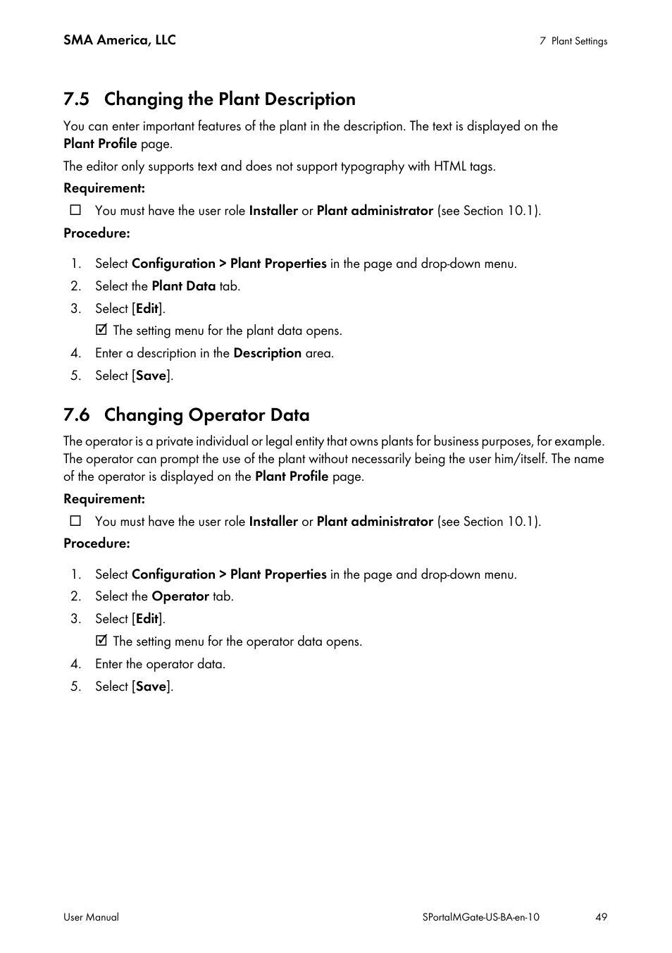 5 changing the plant description, 6 changing operator data, Ee section 7.6 | Ee section 7.5 | SMA SB 240-US-10 User Manual | Page 49 / 75