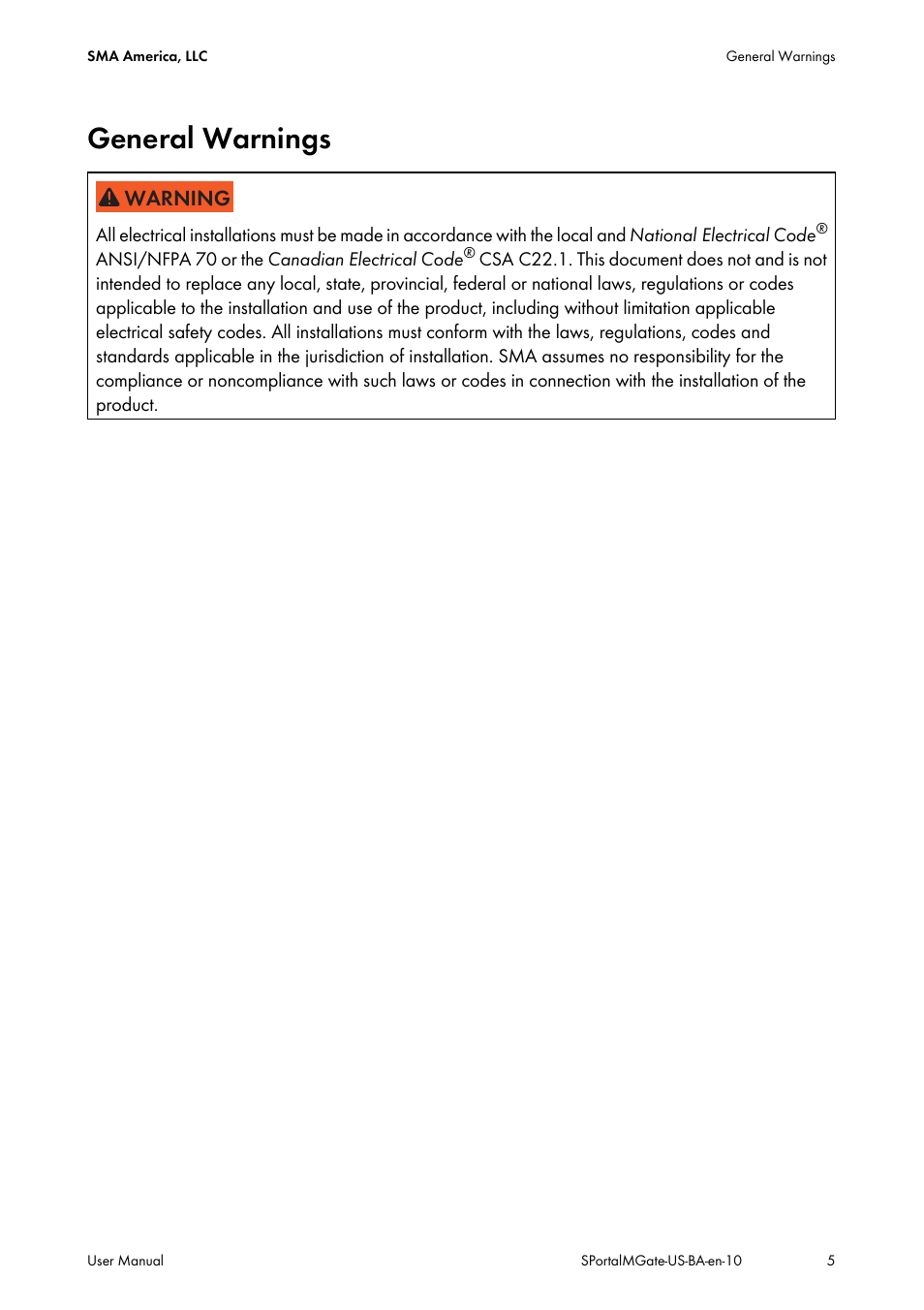 General warnings | SMA SB 240-US-10 User Manual | Page 5 / 75