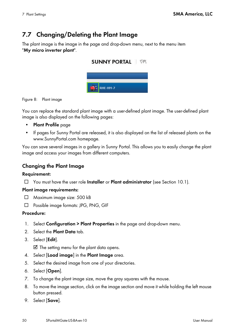 7 changing/deleting the plant image, Ee section 7.7 | SMA SB 240-US-10 User Manual | Page 50 / 75