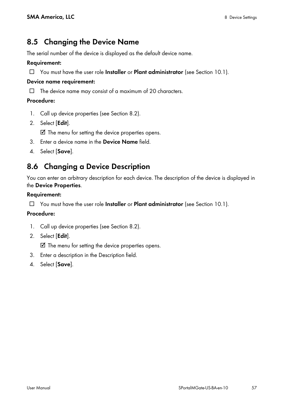 5 changing the device name, 6 changing a device description | SMA SB 240-US-10 User Manual | Page 57 / 75