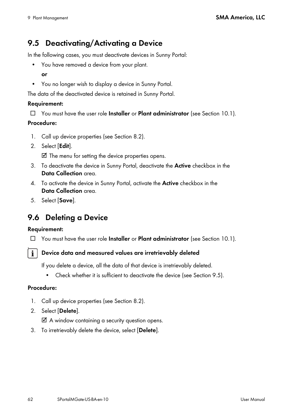 5 deactivating/activating a device, 6 deleting a device | SMA SB 240-US-10 User Manual | Page 62 / 75