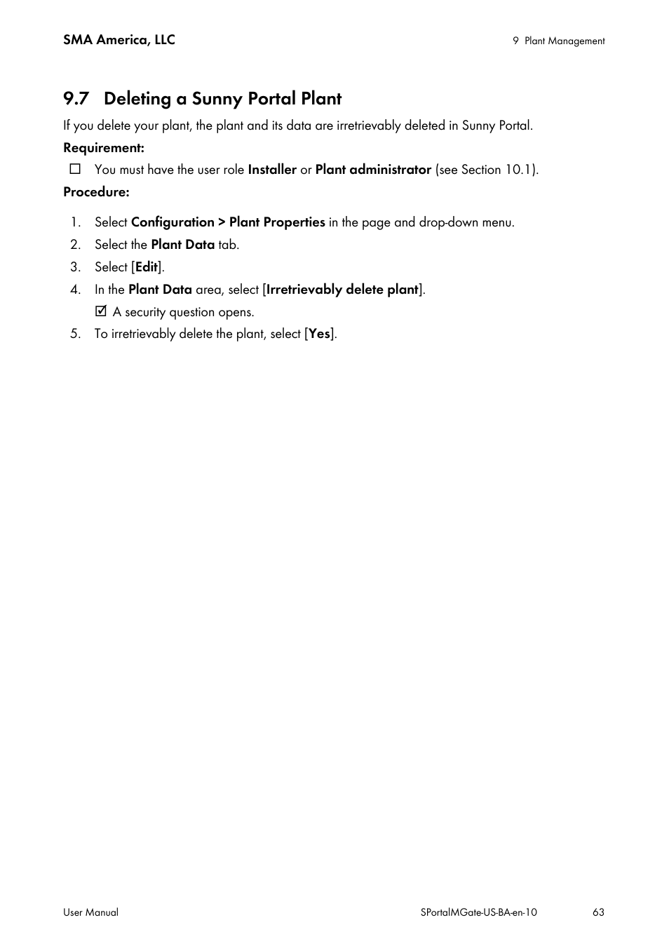7 deleting a sunny portal plant | SMA SB 240-US-10 User Manual | Page 63 / 75
