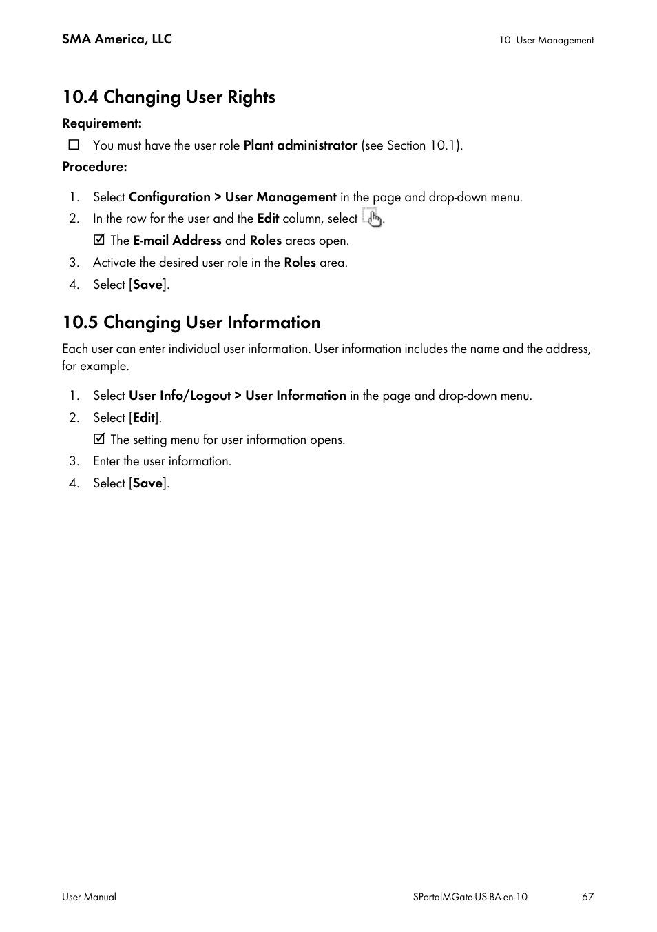 4 changing user rights, 5 changing user information | SMA SB 240-US-10 User Manual | Page 67 / 75