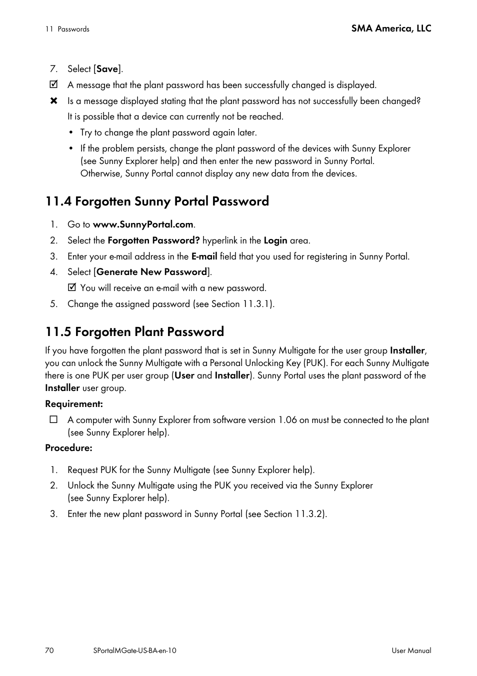 4 forgotten sunny portal password, 5 forgotten plant password | SMA SB 240-US-10 User Manual | Page 70 / 75