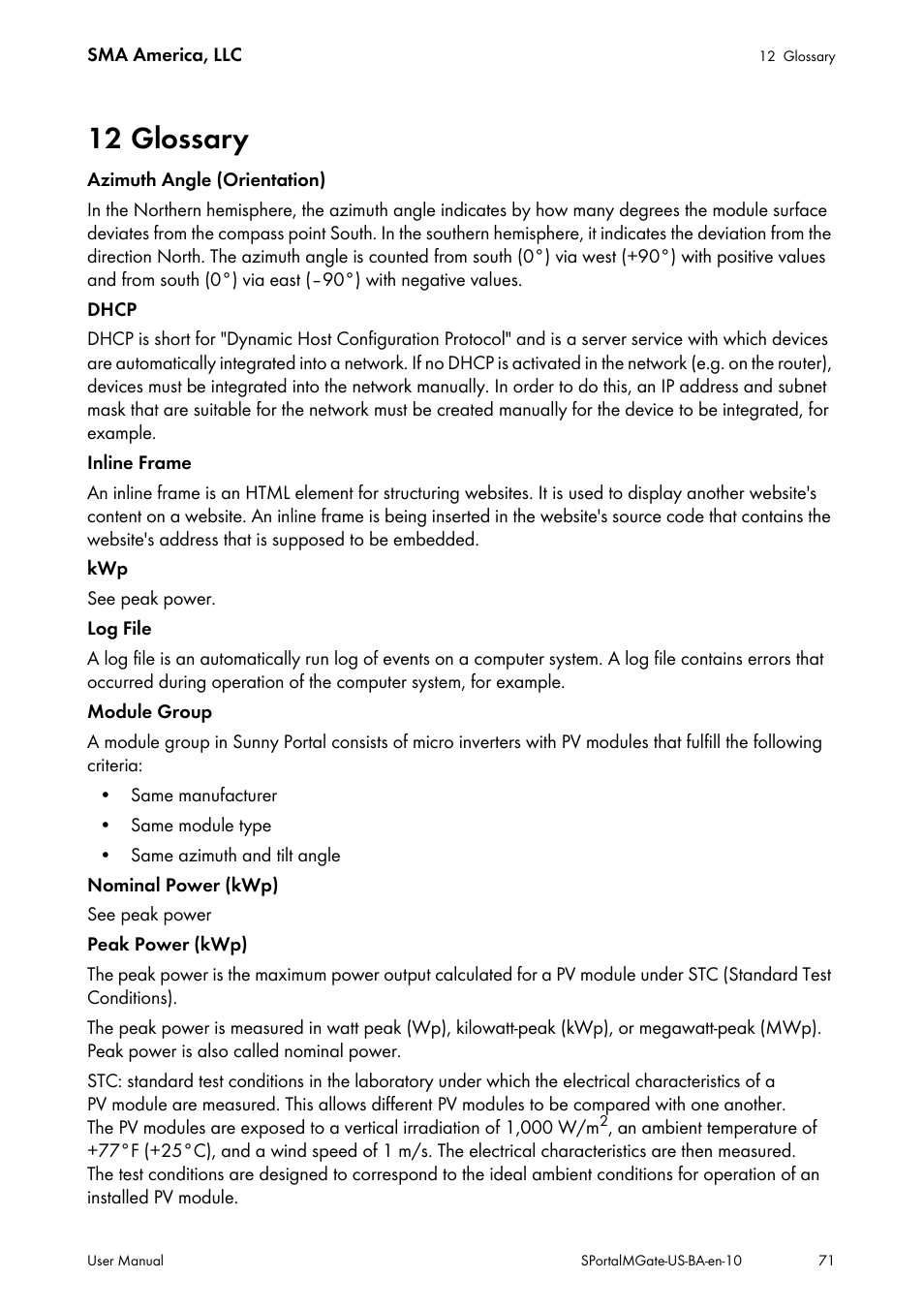 12 glossary | SMA SB 240-US-10 User Manual | Page 71 / 75