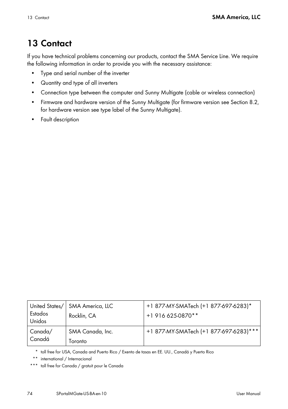 13 contact | SMA SB 240-US-10 User Manual | Page 74 / 75