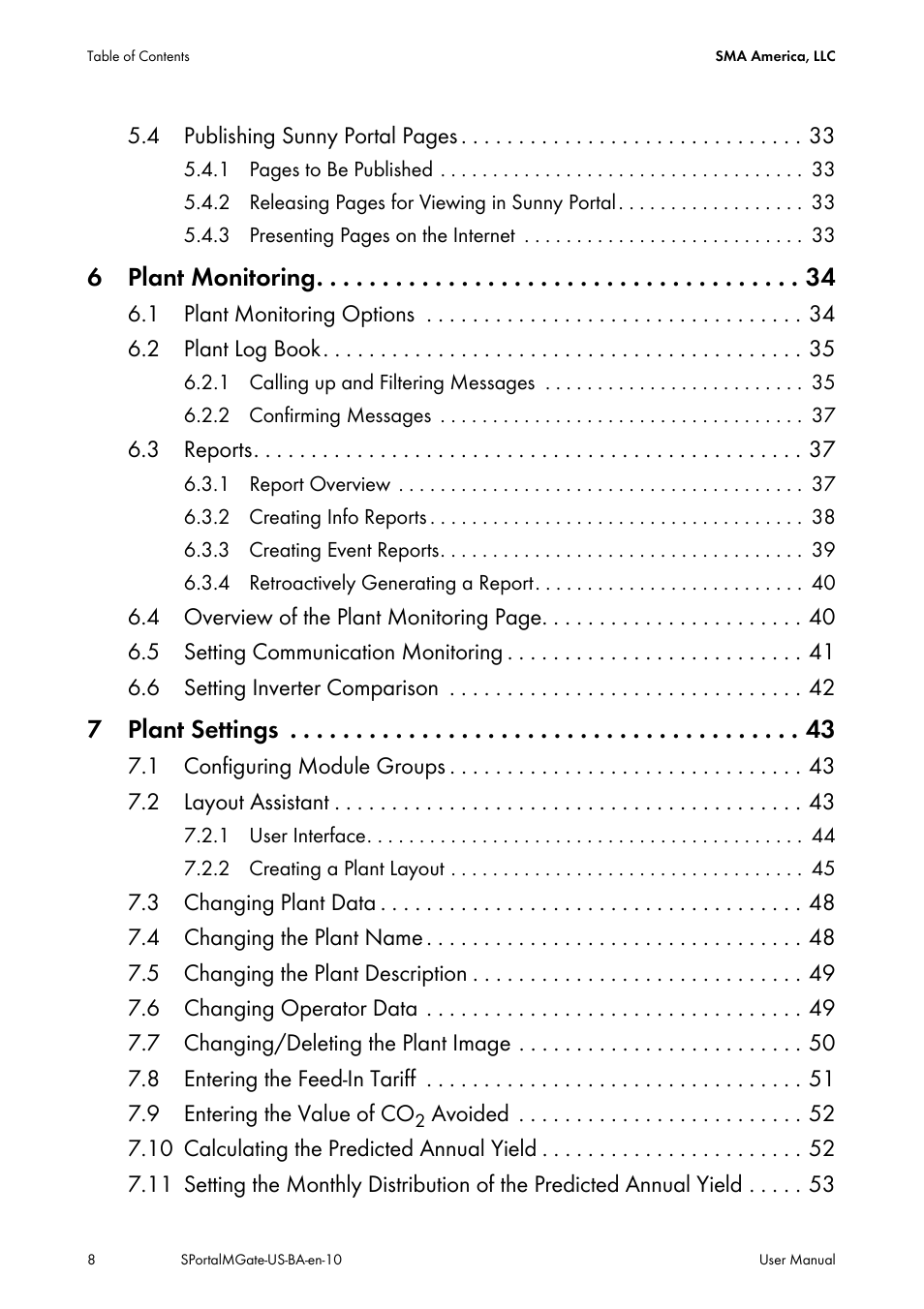 6 plant monitoring, 7 plant settings | SMA SB 240-US-10 User Manual | Page 8 / 75