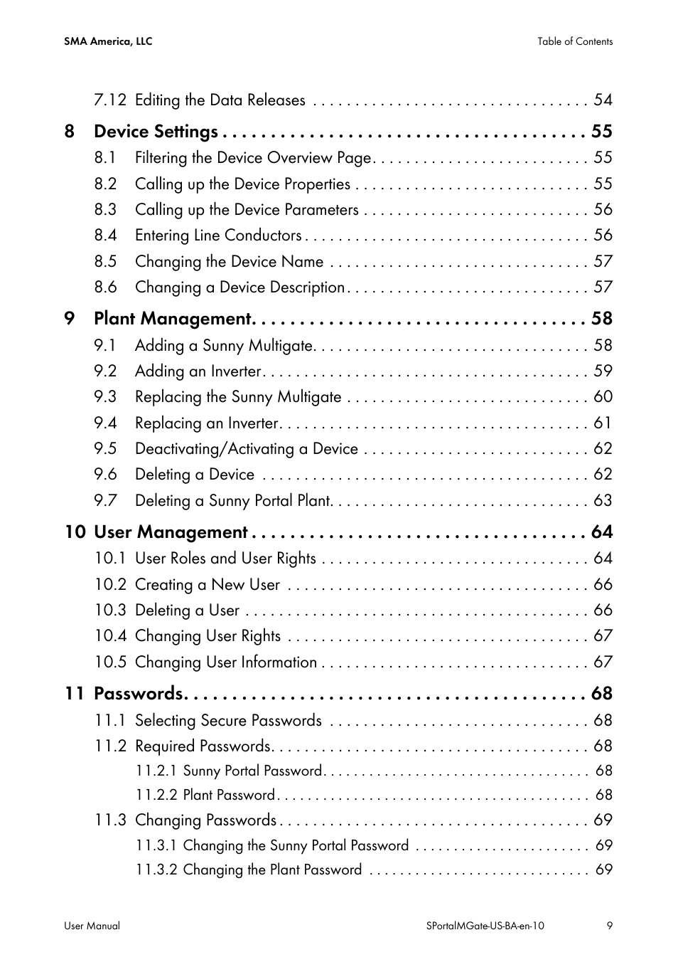 8 device settings, 9 plant management, 10 user management | 11 passwords | SMA SB 240-US-10 User Manual | Page 9 / 75